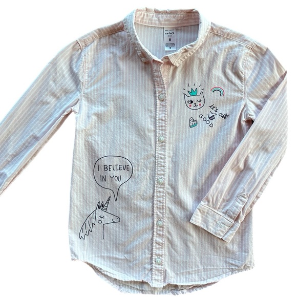 Carter’s Girls Pink Striped Unicorn Button Down Long Sleeve Shirt Size 8 - Picture 1 of 6